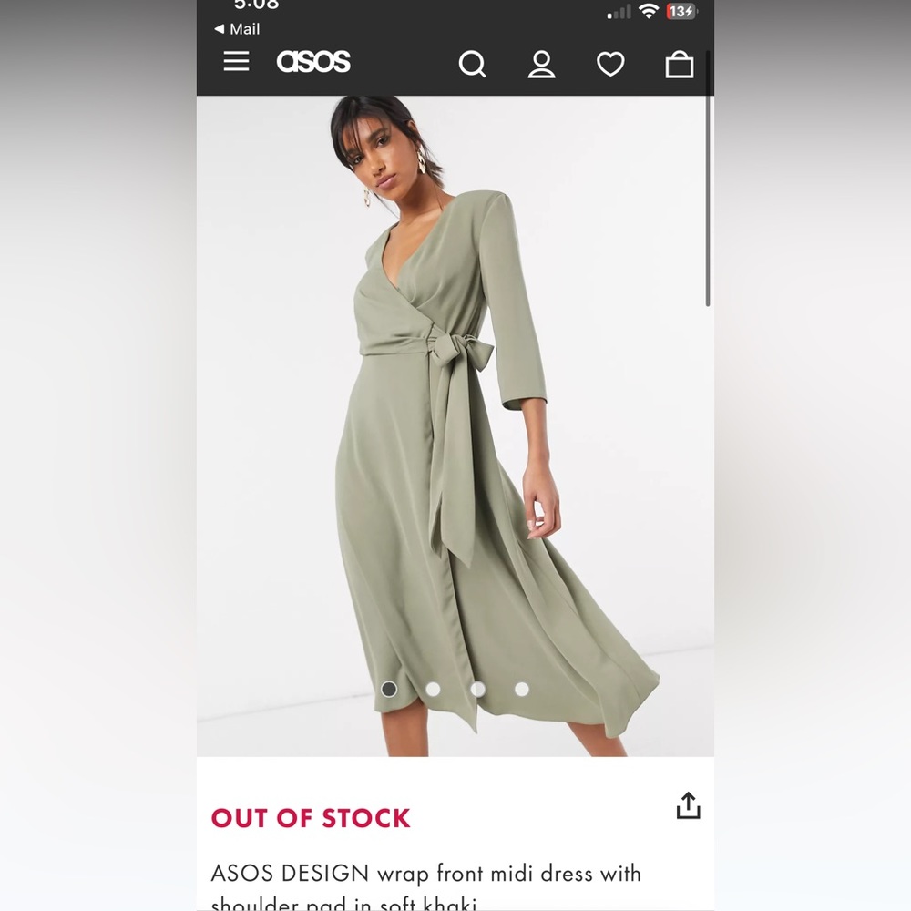 ASOS DESIGN wrap front midi dress with shoulder pad in soft khaki